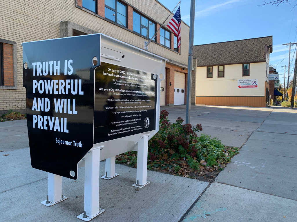 A ballot drop box is seen in 2022 outside a Madison Fire Department station at 1217 Williamson St. in Madison, Wis. (Matt Mencarini / Wisconsin Watch)