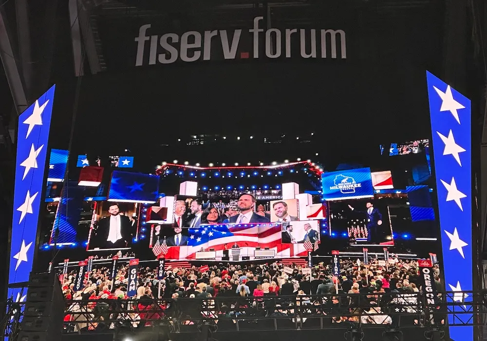 JD Vance is shown on a jumbo screen during the Republican National Convention as he is nominated as the Republican Vice-presidential nominee./Denise Lockwood for Racine County Eye