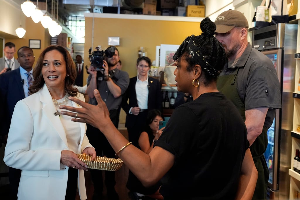 Democratic presidential nominee Vice President Kamala Harris talks during a stop at Dottie's Market in Savannah, Ga., Thursday, Aug. 29, 2024. (AP Photo/Jacquelyn Martin)