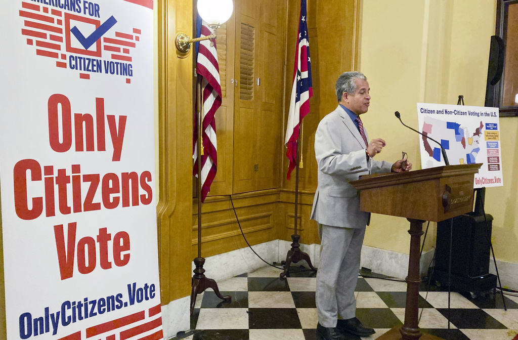 FILE - Luis Gil, a Republican candidate for Franklin County Commissioner in central Ohio, speaks in favor of a constitutional amendment on fall ballots that would prohibit noncitizen voting at the Ohio Statehouse in Columbus, Ohio, on, Oct. 6, 2022. (AP Photo/Julie Carr Smyth, File)