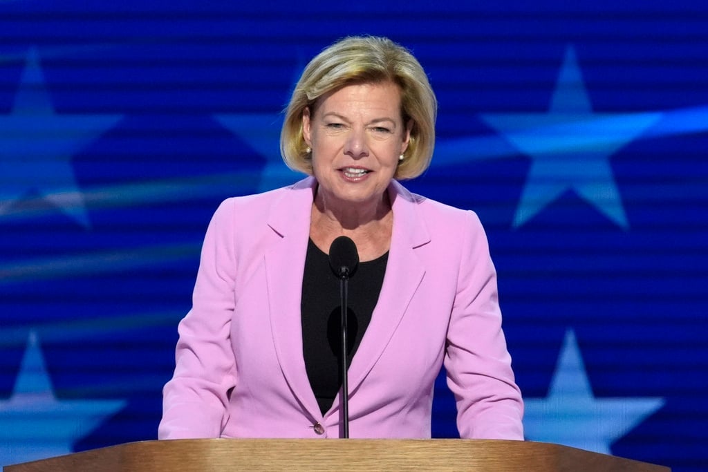 FILE - Sen. Tammy Baldwin, D-Wis., speaks during the Democratic National Convention Thursday, Aug. 22, 2024, in Chicago. (AP Photo/J. Scott Applewhite, File)