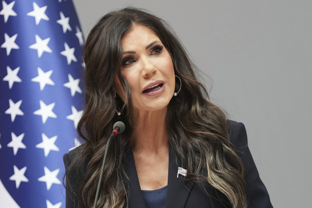 United States Secretary of Homeland Security Kristi Noem addresses the media during a visit to the Port of Antwerp in Antwerp, Belgium, Wednesday, Sept. 10, 2025. (AP Photo/Virginia Mayo)