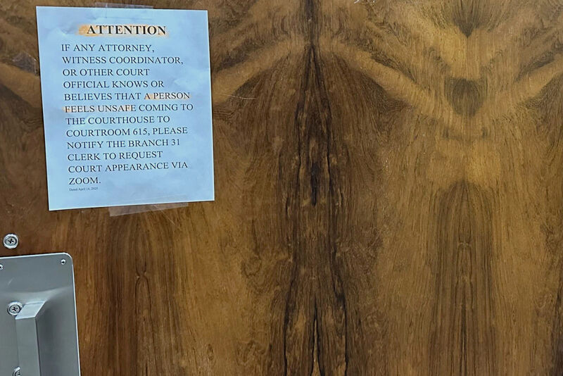 A sign is posted outside Judge Hannah Dugan courtroom at the Milwaukee County courthouse, on Friday, April 25, 2025 in Milwaukee. (Scott Bauer via AP)