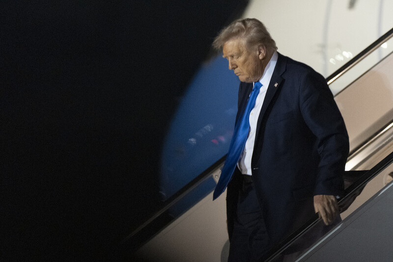 President Donald Trump arrives at Palm Beach International Airport in West Palm Beach, Fla., Thursday, May 1, 2025. (AP Photo/Manuel Balce Ceneta)