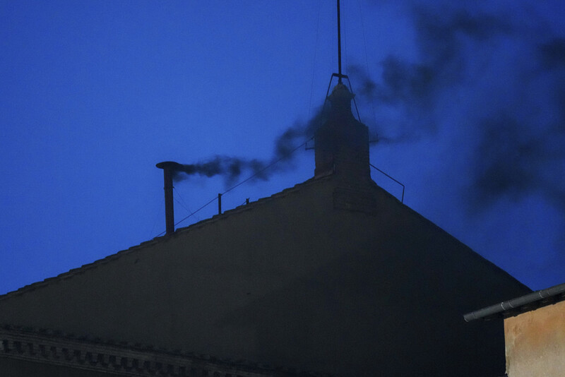 Black smoke billows from the chimney of the Sistine Chapel, where 133 cardinals are gathering on the first day of the conclave, indicating that a successor of late Pope Francis was not elected, Wednesday, May 7, 2025. (AP Photo/Gregorio Borgia)