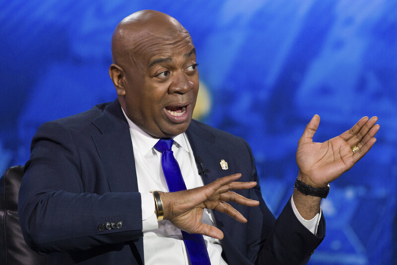 Newark Mayor Ras Baraka makes his point at the New Jersey Democratic gubernatorial primary debate at NJ PBS Studios, Monday, May 12, 2025, in Newark, N.J. (Steve Hockstein/NJ Advance Media via AP, Pool)