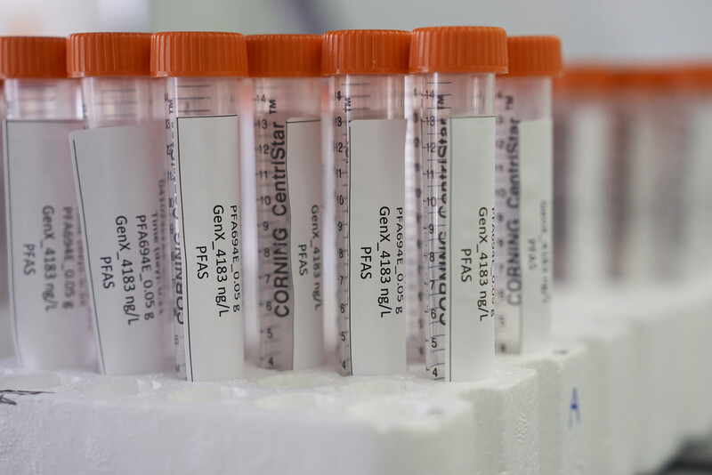 FILE - Vials containing samples of forever chemicals, known as PFAS, sit in a tray, April 10, 2024, at a U.S. Environmental Protection Agency lab in Cincinnati. (AP Photo/Joshua A. Bickel, File)
