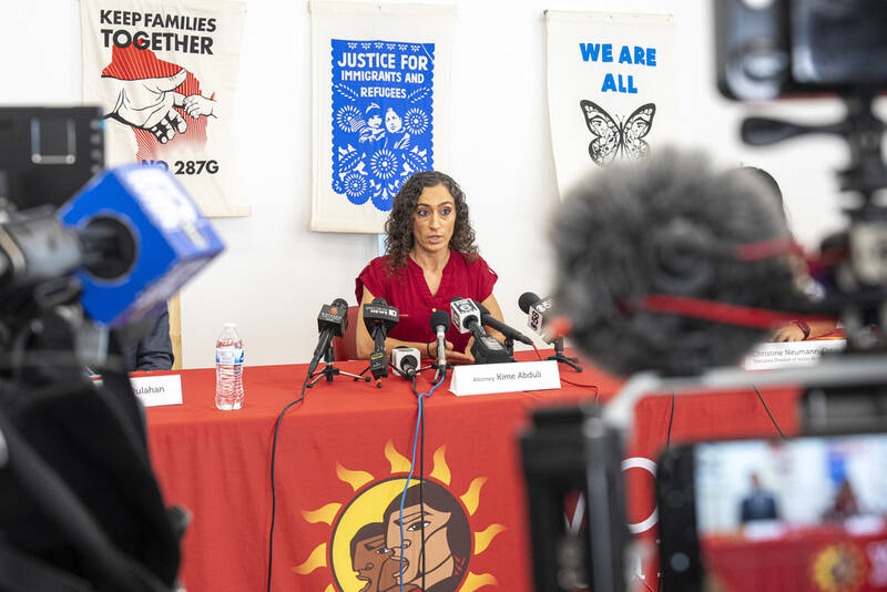 Kime Abduli, Ramon Morales Reyes' attorney addresses the media Friday, May 30, 2025 in Milwaukee about the detention of her client Ramon Morales Reyes. (AP Photo/Andy Manis)