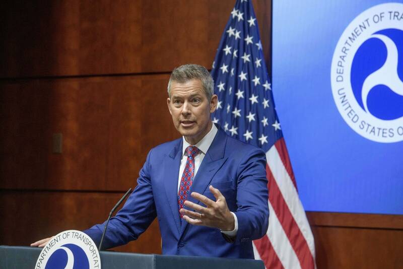 Secretary of Transportation Sean Duffy speaks during a news conference to provide a status update on Newark Liberty International Airport at the Department of Transportation in Washington, Wednesday, May 28, 2025. (AP Photo/Rod Lamkey, Jr.)