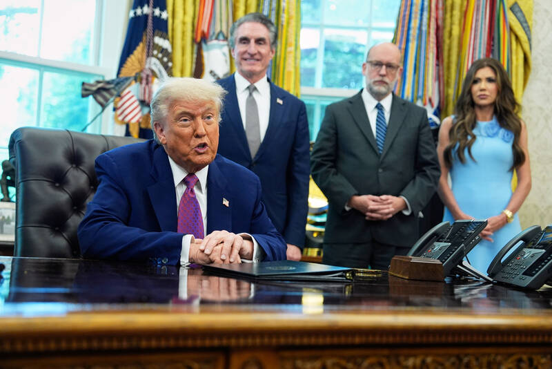 President Donald Trump speaks to the media in the Oval Office at the White House, Tuesday, June 10, 2025, in Washington, as Interior Secretary Doug Burgum, Director of the Office of Management and Budget Russell Vought and Secretary of Homeland Security Kristi Noem, look on. ( (AP Photo/Evan Vucci)
