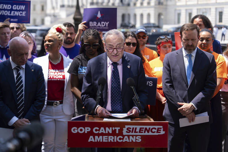 Senate Minority Leader Chuck Schumer, D-N.Y., speaks at a news conference on President Donald Trump's spending and tax bill, Thursday, June 12, 2025, outside the U.S. Capitol in Washington. (AP Photo/Julia Demaree Nikhinson)