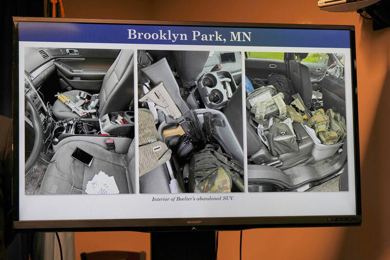 Evidence photos showing the interior of Vance Boelter's vehicle are presented during a news conference at the United States Courthouse in Minneapolis, Monday, June 16, 2025. (AP Photo/George Walker IV)