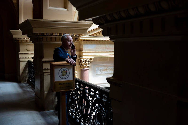 Wisconsin Assembly Speaker Robin Vos, R-Rochester, talks on the phone after legislators delayed what was supposed to be the final day of the Joint Finance Committee budget votes on Friday, June 27, 2025, at the Wisconsin State Capitol in Madison, Wis. Friday’s Joint Finance Committee meeting didn’t kick off until after 10 p.m. and left several topics unresolved. (Joe Timmerman / Wisconsin Watch)