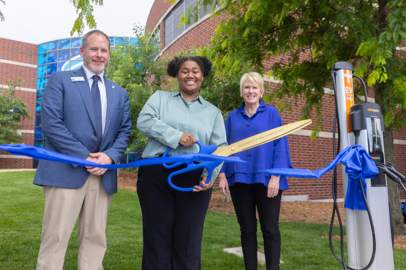 From left to right: Vice Chancellor Erik Guenard, Stout Student Association Vice President Chris Sander and Chancellor Katherine Frank