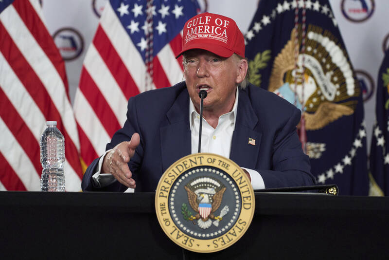 President Donald Trump speaks during a roundtable at "Alligator Alcatraz," a new migrant detention facility at Dade-Collier Training and Transition facility, Tuesday, July 1, 2025, in Ochopee, Fla. (AP Photo/Evan Vucci)