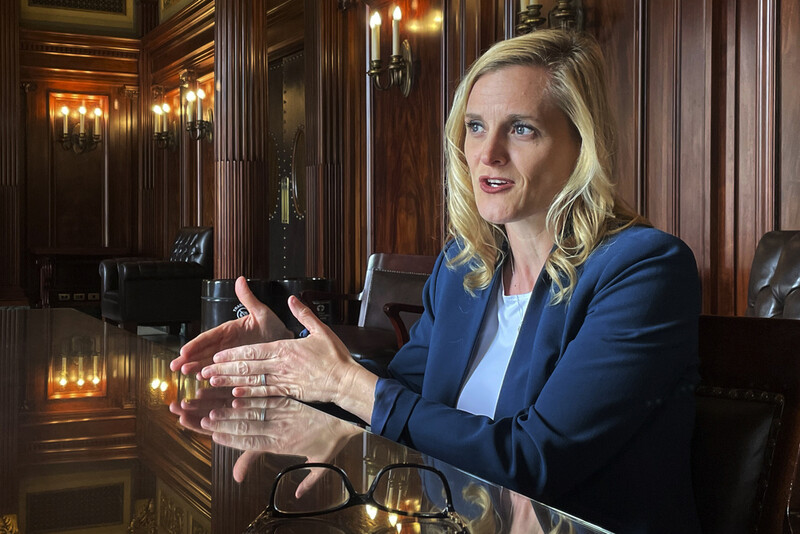 FILE - Wisconsin Secretary of State Sarah Godlewski is interviewed on March 23, 2023 in Madison, Wis.(AP Photo/Harm Venhuizen, file)