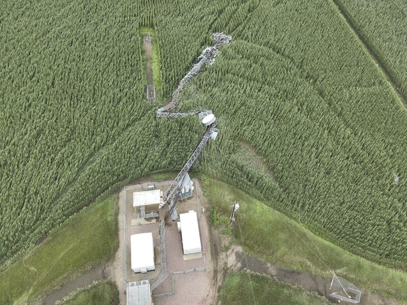 In this image provided by the Lincoln County, S.D., Sheriff's Office, a cell tower sustained damage following strong winds overnight in southern Lincoln County, South Dakota, Tuesday, July 29, 2025. (Sgt. E.J. Colshan/Lincoln County Sheriff's Office via AP)