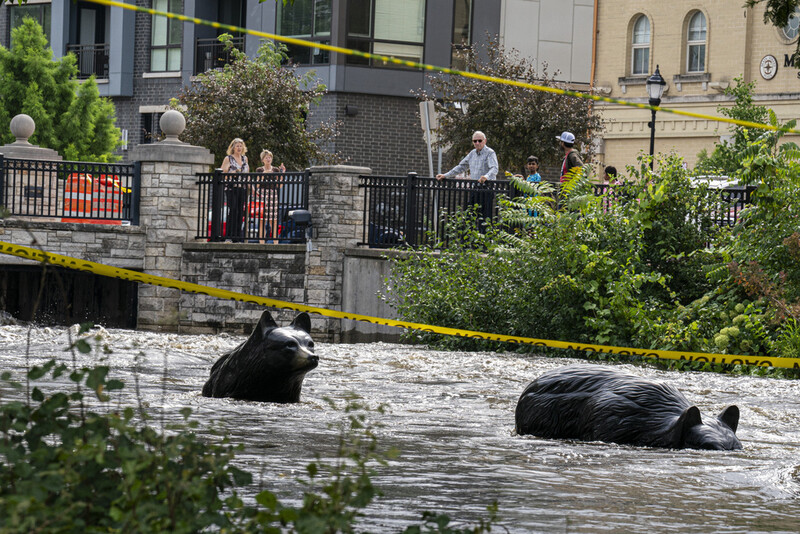 People watch along the Fox River Monday, Aug. 11, 2025, in Waukesha, Wis. (AP Photo/Andy Manis)