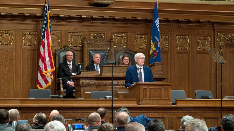 Republican lawmakers on the committee proposed a vote on the motion Thursday after Gov. Tony Evers told agencies to skip lawmakers in the final steps of the rulemaking process. Evers delivers his 2025 state budget address. (Photo by Baylor Spears/Wisconsin Examiner)
