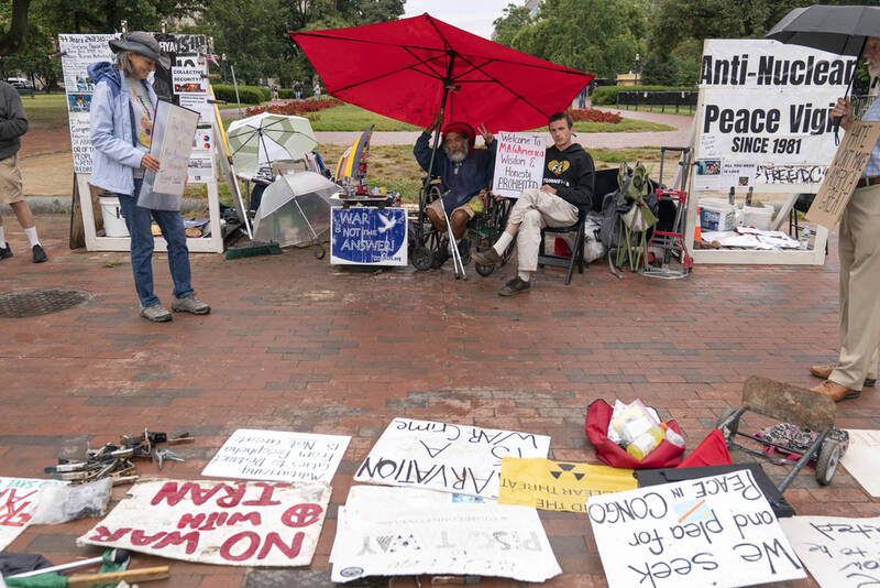 White House Peace Vigil tent is seen in Lafayatte Park across the street from the White House in Washington, Friday, Sept. 5, 2025. (AP Photo/Pablo Martinez Monsivais)