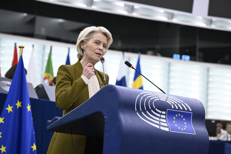 European Commission President Ursula von der Leyen gestures as she delivers a major state of the union speech at the European Parliament in Strasbourg, eastern France, Wednesday, Sept. 10, 2025. (AP Photo/Pascal Bastien)