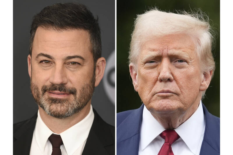 Jimmy Kimmel appears at the Walt Disney Television upfront in New York on May 14, 2019, left, and President Donald Trump appears on the South Lawn of the White House on Aug. 1, 2025, in Washington. (AP Photo)