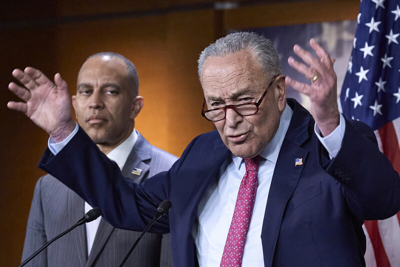 FILE—Senate Minority Leader Chuck Schumer, D-N.Y., and House Minority Leader Hakeem Jeffries, D-N.Y., left, hold a news conference on the GOP reconciliation bill, at the Capitol in Washington, Wednesday, June 11, 2025. (AP Photo/J. Scott Applewhite, file)