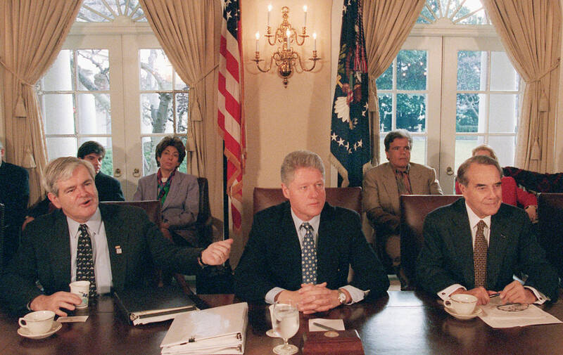 FILE - President Bill Clinton, center, meets with House Speaker Newt Gingrich, R-Ga., left, and Senate Majority Leader Bob Dole, R- Kansas, to grapple with competing balanced budget plans, Dec. 31, 1995, at the White House in Washington (AP Photo/Greg Gibson, File)