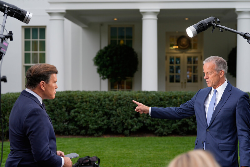 Senate Majority Leader John Thune, R-S.D., is interviewed by FOX News Channel's Bret Baier outside the West Wing of the White House, Monday, Sept. 29, 2025, in Washington. (AP Photo/Alex Brandon)