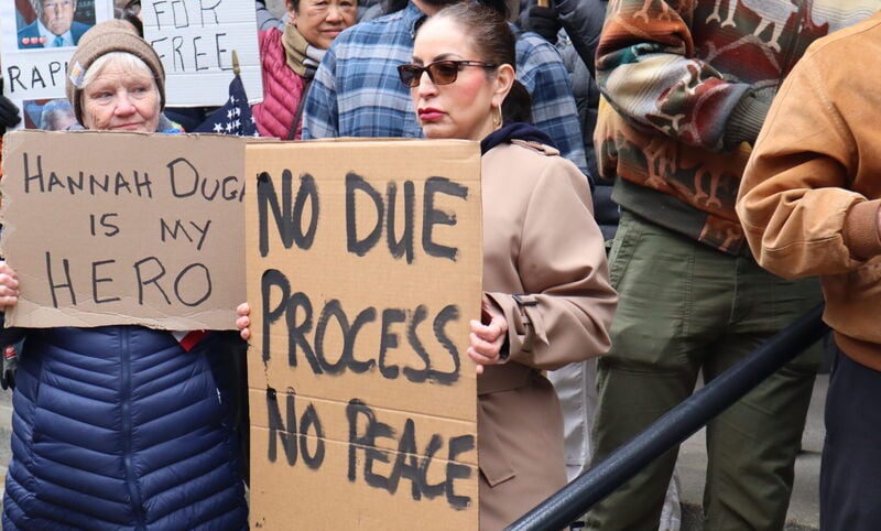 Protesters gather outside of the Federal Building in Milwaukee to denounce the arrest of Circuit Court Judge Hannah Dugan. (Photo by Isiah Holmes/Wisconsin Examiner)