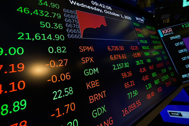 Financial information is displayed as traders work on the floor at the New York Stock Exchange in New York, Wednesday, Oct. 1, 2025. (AP Photo/Seth Wenig)
