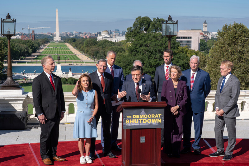 Speaker of the House Mike Johnson, R-La., center, leads the top Republicans in Congress at a news conference on the government shutdown, at the Capitol in Washington, Wednesday, Oct. 1, 2025. (AP Photo/J. Scott Applewhite)