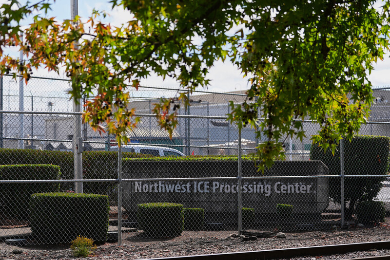 The entrance to the Northwest U.S. Immigration and Customs Enforcement Processing Center is seen, Aug. 13, 2025, in Tacoma, Wash. (AP Photo/Lindsey Wasson)