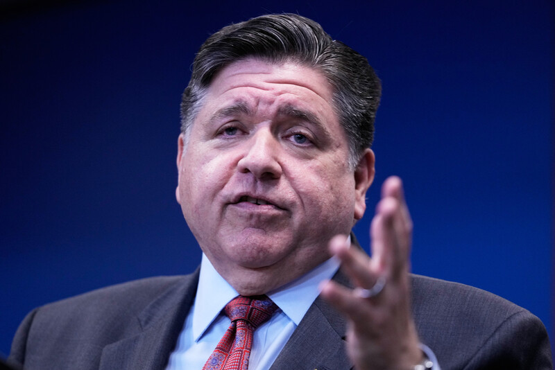 Governor JB Pritzker talks to media at a news conference in Chicago, Monday, Oct. 6, 2025. (AP Photo/Nam Y. Huh)