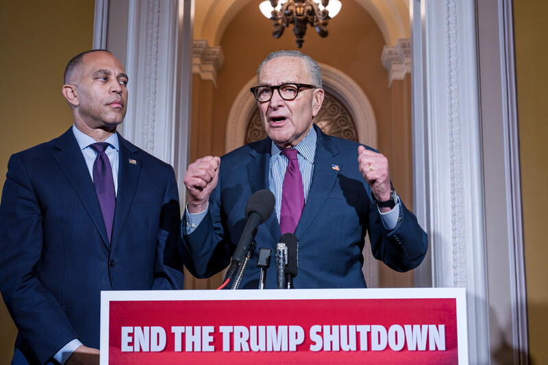 House Minority Leader Hakeem Jeffries, D-N.Y., left, and Senate Minority Leader Chuck Schumer, D-N.Y., speak to reporters outside the Senate chamber as they charge President Donald Trump and the Republicans with the government shutdown, at the Capitol in Washington, Thursday, Oct. 16, 2025. (AP Photo/J. Scott Applewhite)