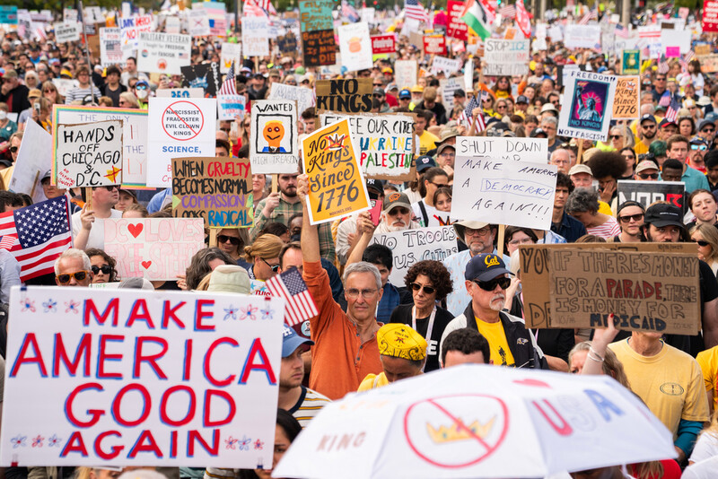 Crowds gather to listen to Sen. Bernie Sanders, I-Vt., during a No Kings protest, Saturday, Oct. 18, 2025, in Washington. (AP Photo/Allison Robbert)