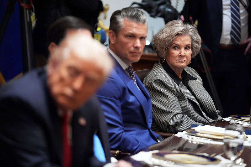 White House Chief of Staff Susie Wiles, from right, and Defense Secretary Pete Hegseth listen as President Donald Trump meets with Australian Prime Minister Anthony Albanese, not pictured, in the Cabinet Room of the White House, Monday, October 20, 2025, in Washington. (AP Photo/Evan Vucci)