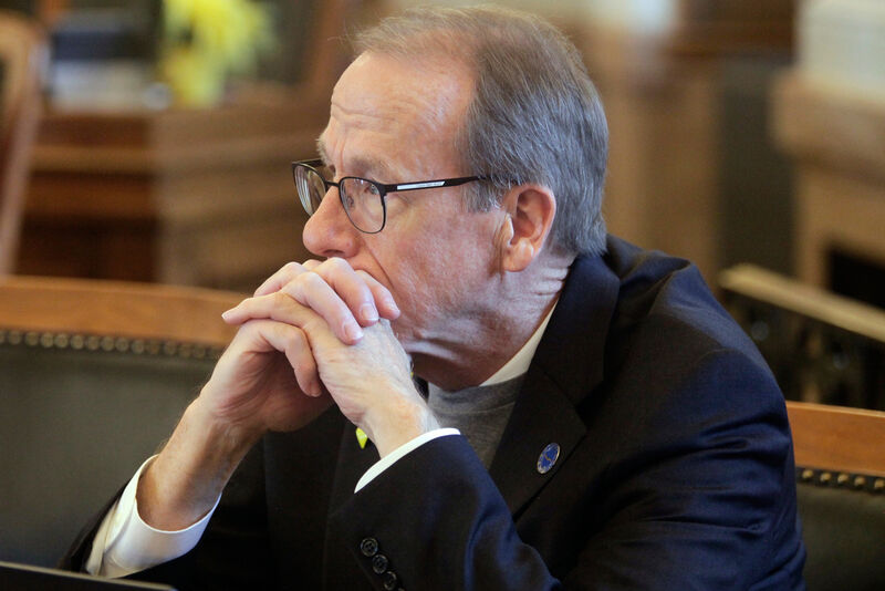 FILE - Kansas state Rep. Mark Schreiber, R-Emporia, listens during a debate, March 21, 2023, at the Statehouse in Topeka, Kan. (AP Photo/John Hanna, File)