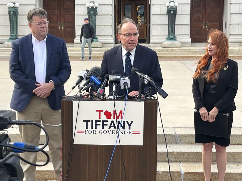 U.S. Rep. Tom Tiffany (center) at the Wisconsin State Capitol Thursday Oct 23 with Sen. John Jagler (L) and Rep. Amanda Nedweski (R). Republicans scolded State Superintendent Jill Underly for not appearing at a hearing prompted by a Cap Times investigation of teacher sexual misconduct. | Photo by Ruth Conniff/Wisconsin Examiner
