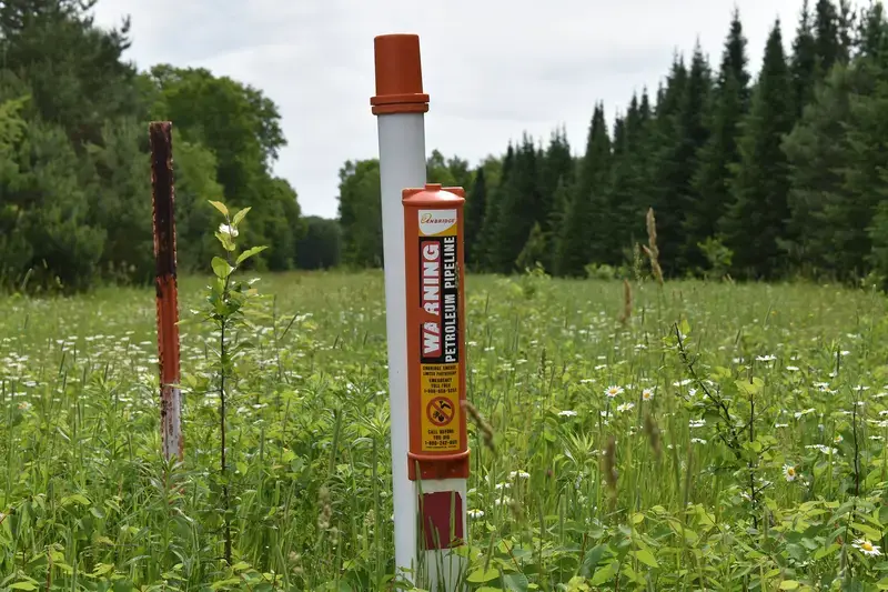 A post marks where Enbridge’s Line 5 crosses the reservation of the Bad River Band of Lake Superior Chippewa on Friday, June 24, 2022. The Canadian energy firm is proposing to reroute Line 5 for 41 miles around the tribe’s reservation. Danielle Kaeding/WPR