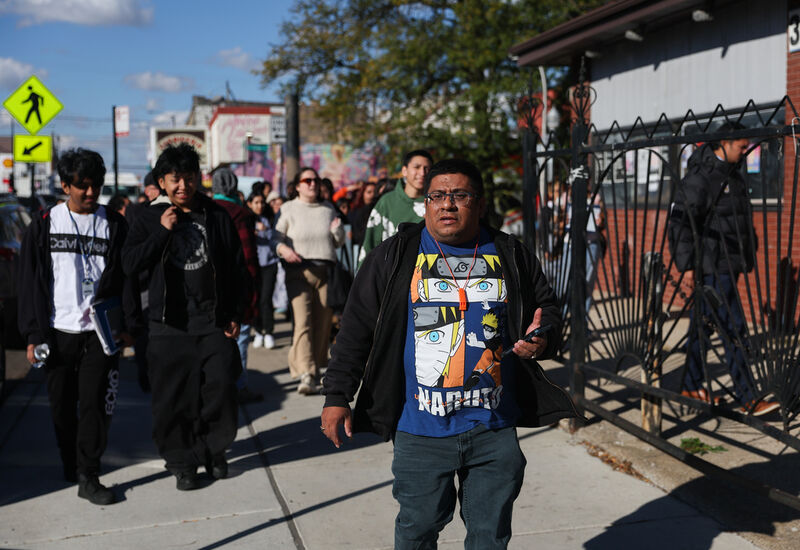 Baltazar Enriquez, president of the Little Village Community Council, walks with a Chicago Public School's student walkout in protest against U.S. Immigration and Customs Enforcement (ICE) agents around Chicago's Little Village neighborhood, Wednesday, Oct. 29, 2025. (AP Photo/Talia Sprague)