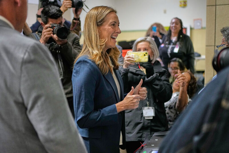 New Jersey gubernatorial candidate Mikie Sherrill reacts after voting in Montclair, N.J., Tuesday, Nov. 4, 2025. (AP Photo/Seth Wenig)