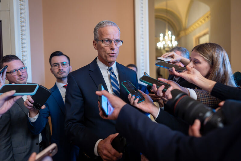Speaking to reporters, Senate Majority Leader John Thune, R-S.D., responds to Senate Democratic Leader Chuck Schumer to reopen the government if Republicans extend expiring health care subsidies for one year, at the Capitol in Washington, Friday, Nov. 7, 2025, day 38 of the government shutdown. (AP Photo/J. Scott Applewhite)