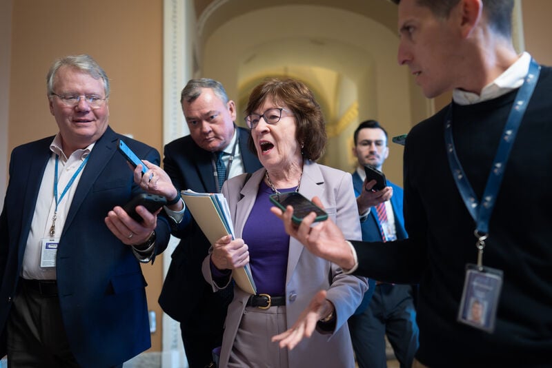 Sen. Susan Collins, R-Maine, chair of the Senate Appropriations Committee, arrives to meet with fellow Republicans behind closed doors to discuss proposals on ending the government shutdown, at the Capitol in Washington, Friday, Nov. 7, 2025. (AP Photo/J. Scott Applewhite)