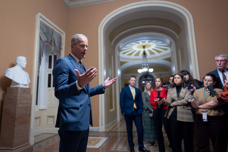 Senate Majority Leader John Thune, R-S.D., speaks to reporters after final Senate passage of the stopgap funding bill to reopen the government through Jan. 30, at the Capitol in Washington, Monday evening, Nov. 10, 2025. (AP Photo/J. Scott Applewhite)