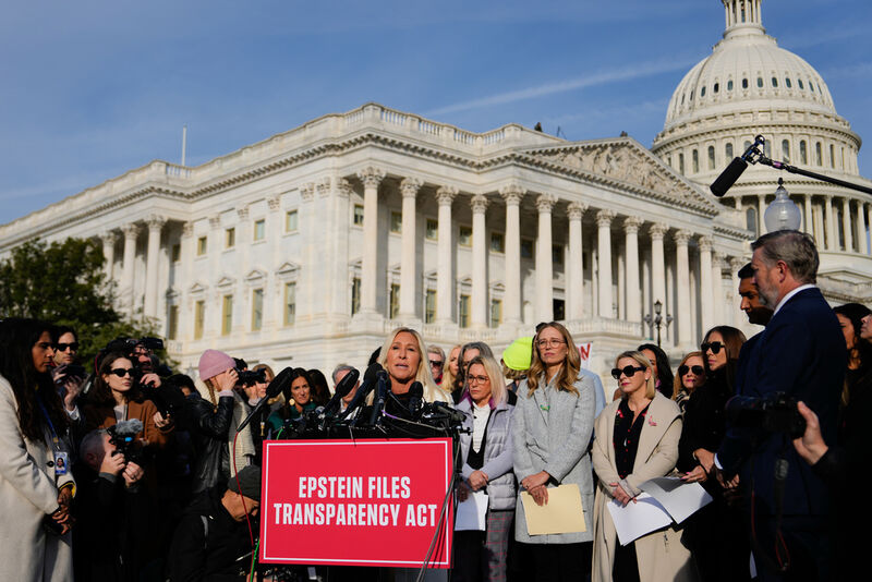 Rep. Marjorie Taylor Greene, R-Ga., speaks during a news conference on the Epstein Files Transparency Act, Tuesday, Nov. 18, 2025, outside the U.S. Capitol in Washington. (AP Photo/Julia Demaree Nikhinson)