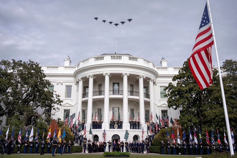 Military jets fly over the White House as President Donald Trump welcomes Saudi Arabia's Crown Prince Mohammed bin Salman, Tuesday, Nov. 18, 2025, in Washington. (AP Photo/Mark Schiefelbein)