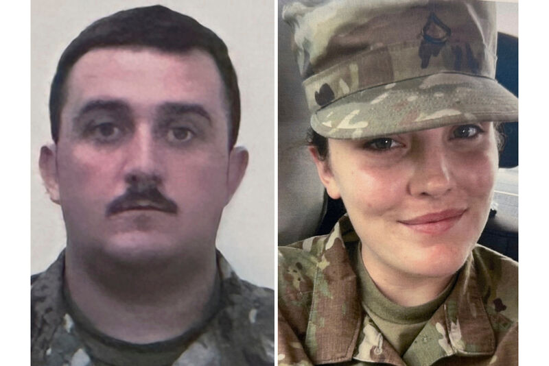 This photo combo shows, National Guard members, from left, Staff Sgt. Andrew Wolfe and Specialist Sarah Beckstrom on Thursday, Nov. 27, 2025. (U.S. Attorney’s Office via AP)