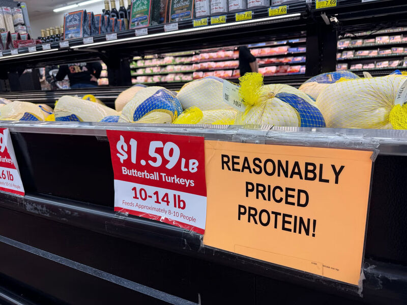 Whole, frozen turkeys boasting reasonable prices are seen at Woodman’s East on Tuesday, Nov. 25, 2025, in Madison, Wis. ahead of the Thanksgiving holiday. Jenny Peek/WPR