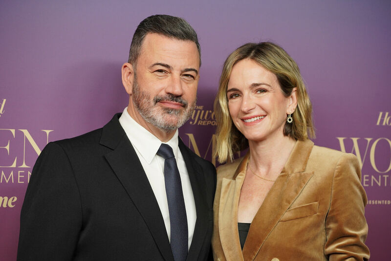 Jimmy Kimmel, left, and Molly McNearney pose at The Hollywood Reporter's Women in Entertainment Gala on Wednesday, Dec. 3, 2024, at the Beverly Hills Hotel in Beverly Hills, Calif. (Photo by Jordan Strauss/Invision/AP)